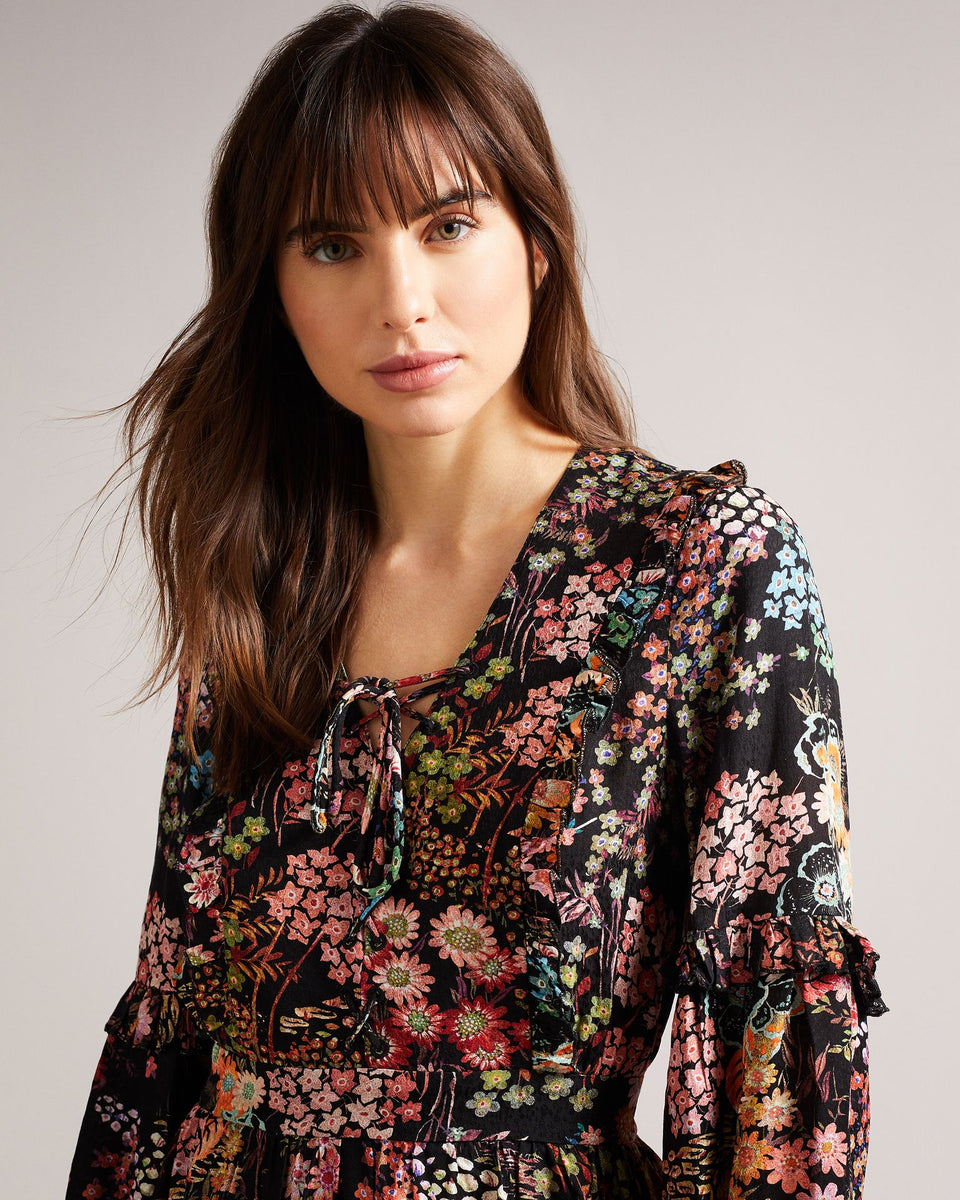 NWT Ted Baker Hendria 2024 Ruffle Trim Long Sleeve Floral Dress